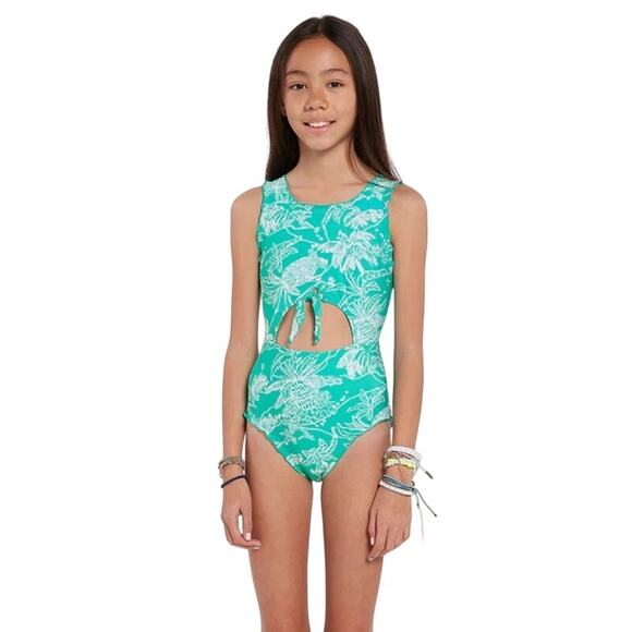 Volcom Girls 16 Aqua Island Hop One Piece Swimsuit Cutout Tropical Beach N6-19 - Picture 1 of 9